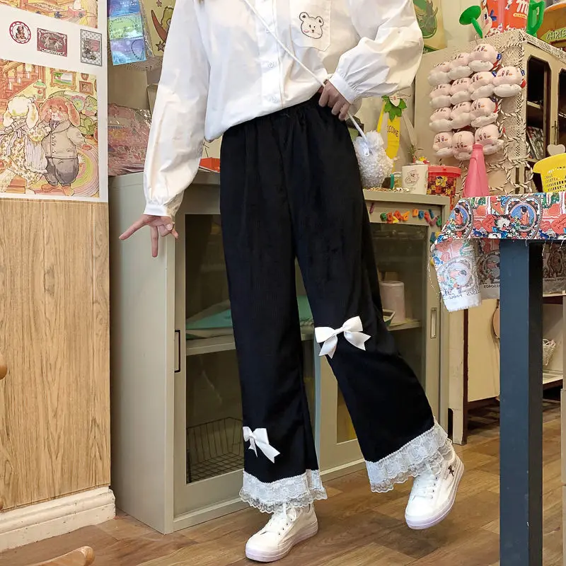 Pink Japanese Sweet Lolita Womens Kawaii High Waist Corduroy Pants Bow Lace Wide Leg Pants Y2k Clothes Casual Loose Cute Trouser