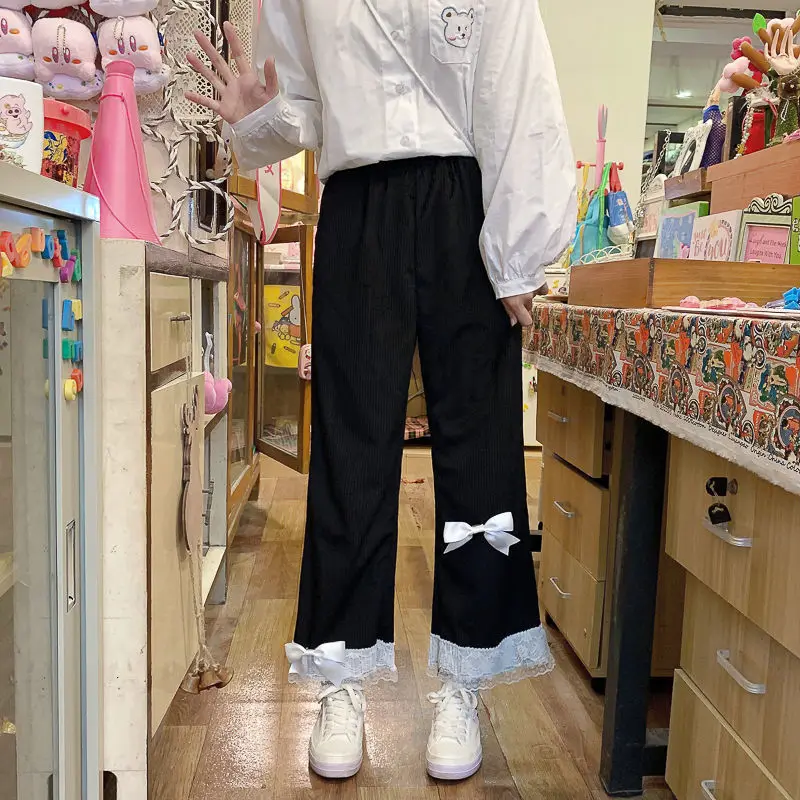 Pink Japanese Sweet Lolita Womens Kawaii High Waist Corduroy Pants Bow Lace Wide Leg Pants Y2k Clothes Casual Loose Cute Trouser