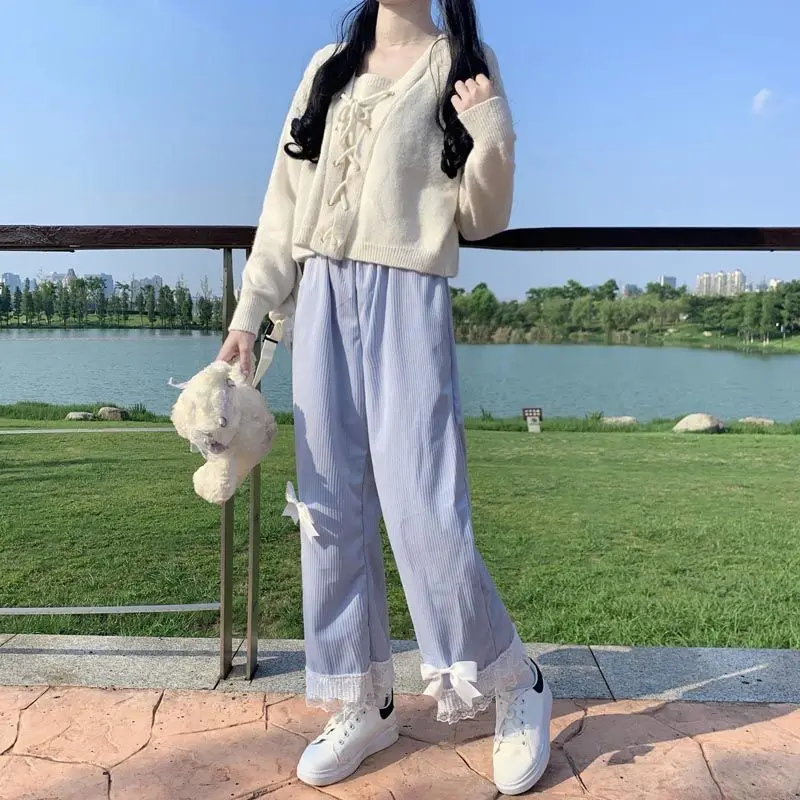 Pink Japanese Sweet Lolita Womens Kawaii High Waist Corduroy Pants Bow Lace Wide Leg Pants Y2k Clothes Casual Loose Cute Trouser
