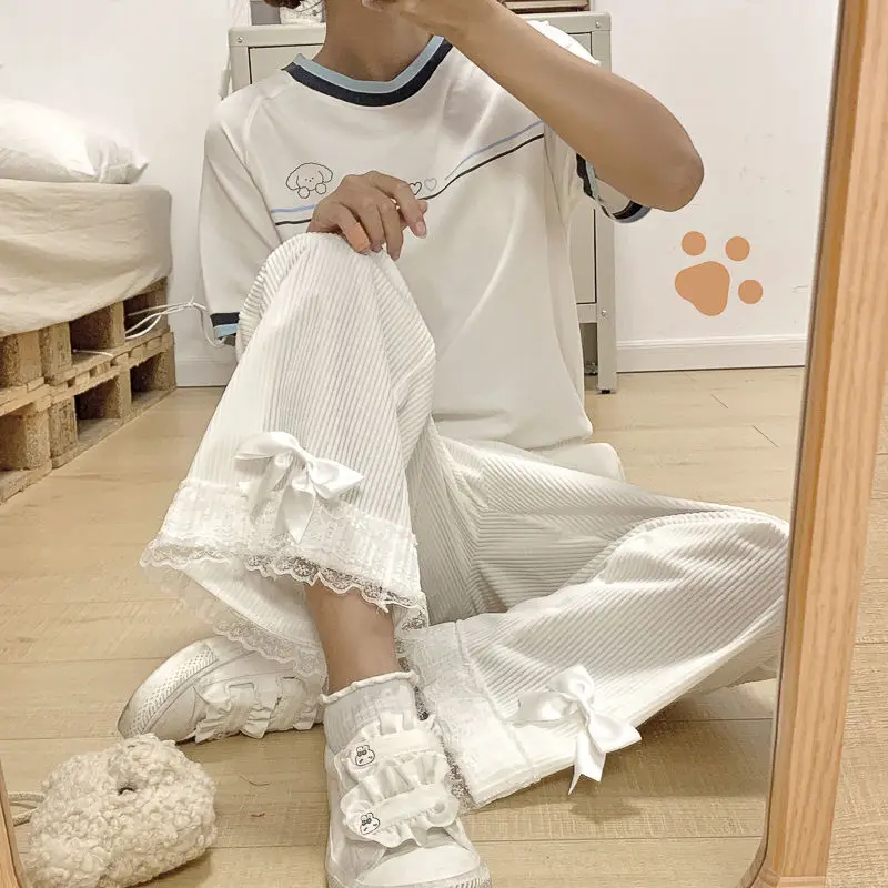 Pink Japanese Sweet Lolita Womens Kawaii High Waist Corduroy Pants Bow Lace Wide Leg Pants Y2k Clothes Casual Loose Cute Trouser
