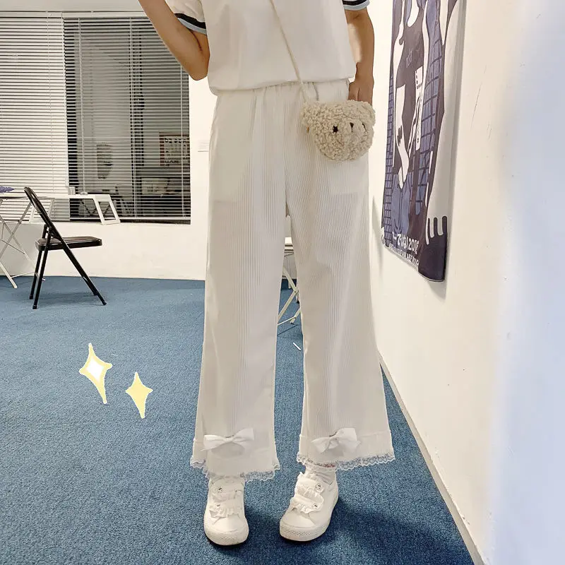 Pink Japanese Sweet Lolita Womens Kawaii High Waist Corduroy Pants Bow Lace Wide Leg Pants Y2k Clothes Casual Loose Cute Trouser