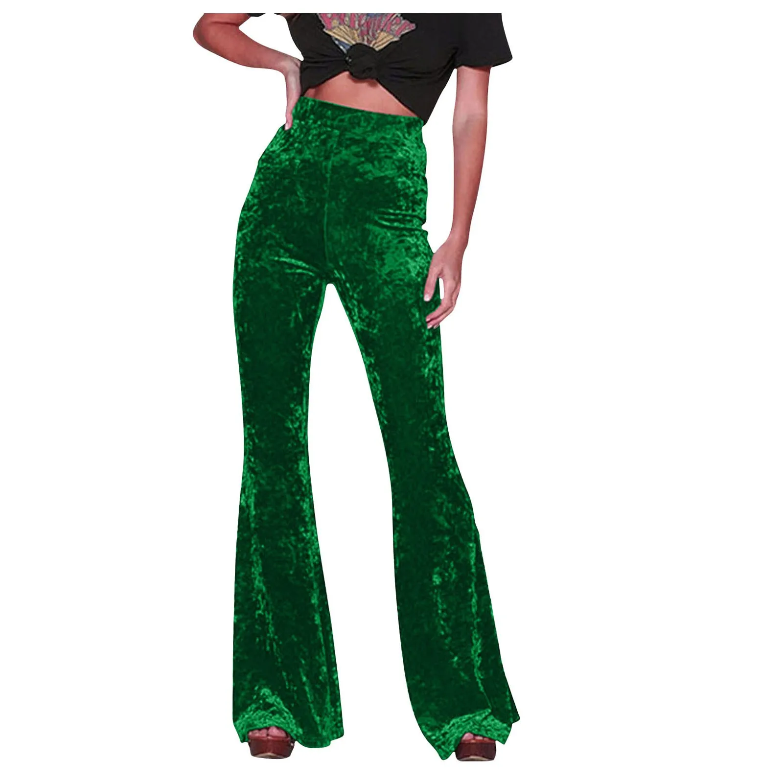 Women Golden Velvet Flare Pants Vintage High Waist Pants Solid Color Pocket Straight Trousers Autumn Street Party Dance Wear