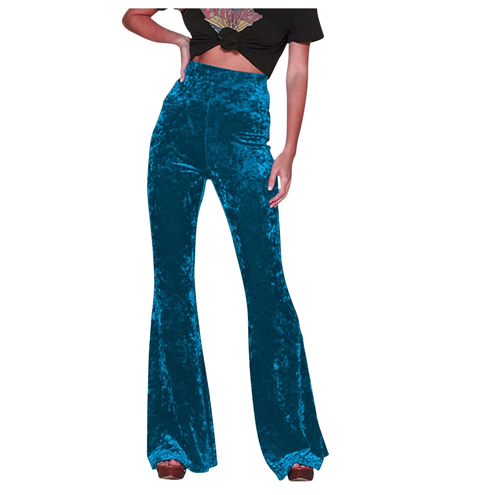 Women Golden Velvet Flare Pants Vintage High Waist Pants Solid Color Pocket Straight Trousers Autumn Street Party Dance Wear