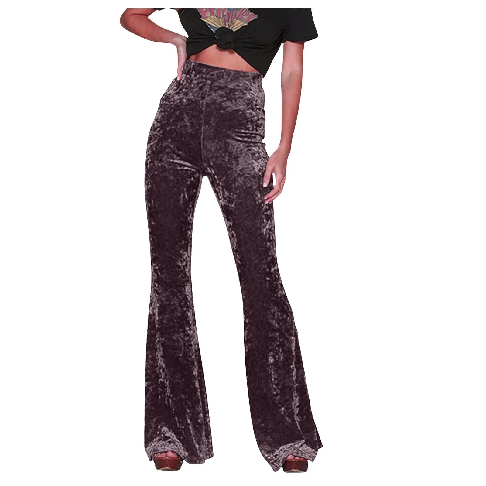 Women Golden Velvet Flare Pants Vintage High Waist Pants Solid Color Pocket Straight Trousers Autumn Street Party Dance Wear