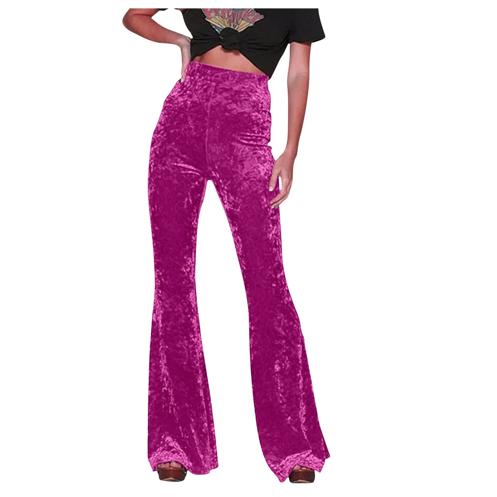 Women Golden Velvet Flare Pants Vintage High Waist Pants Solid Color Pocket Straight Trousers Autumn Street Party Dance Wear