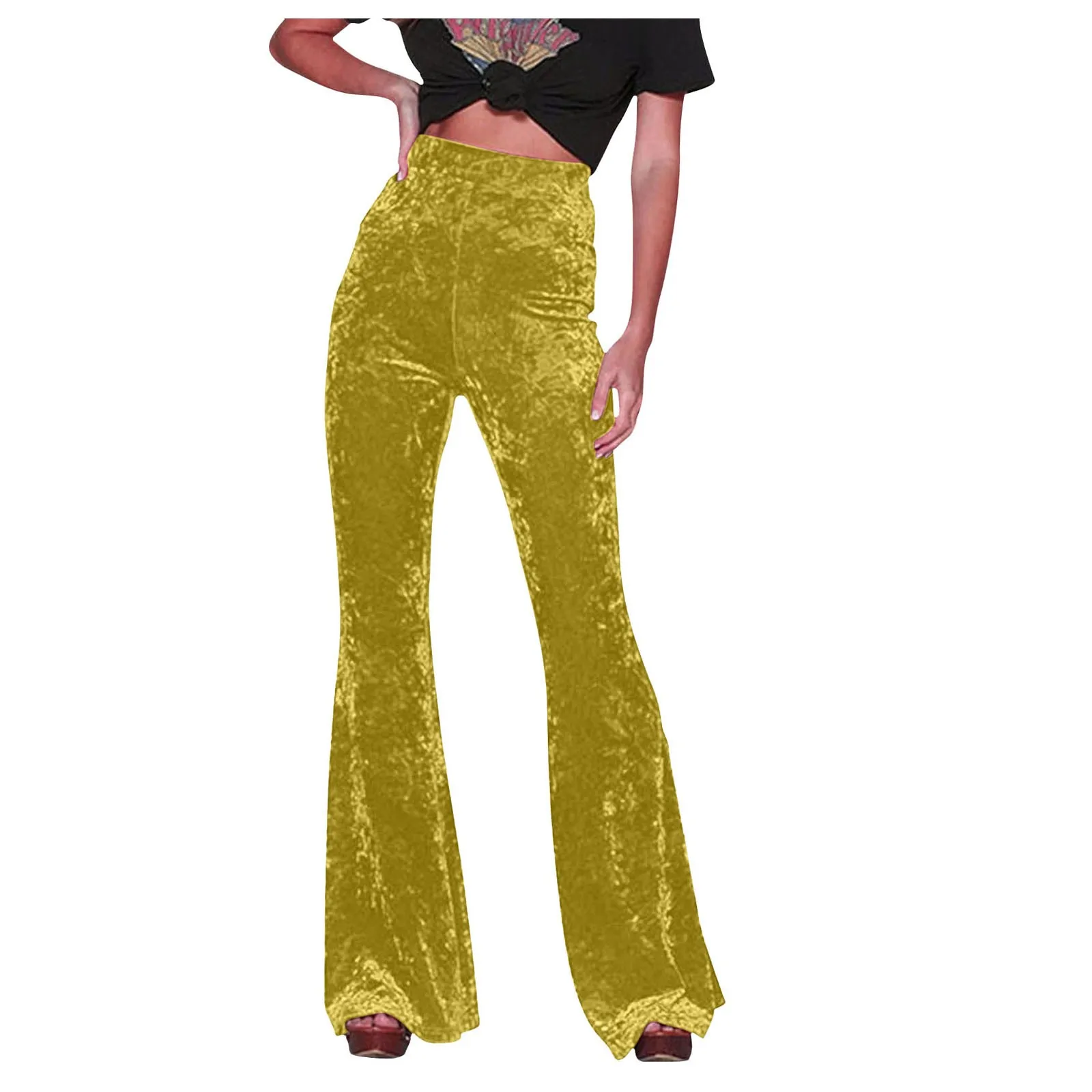 Women Golden Velvet Flare Pants Vintage High Waist Pants Solid Color Pocket Straight Trousers Autumn Street Party Dance Wear