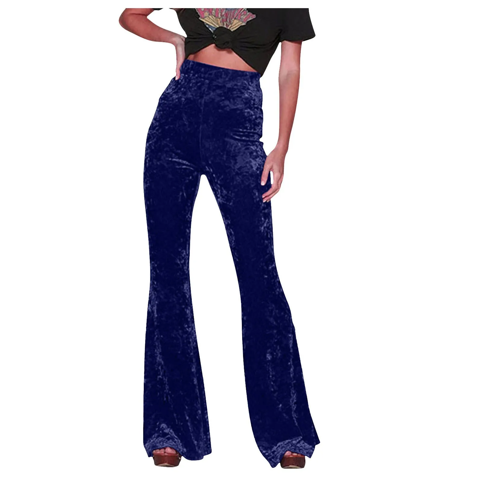 Women Golden Velvet Flare Pants Vintage High Waist Pants Solid Color Pocket Straight Trousers Autumn Street Party Dance Wear