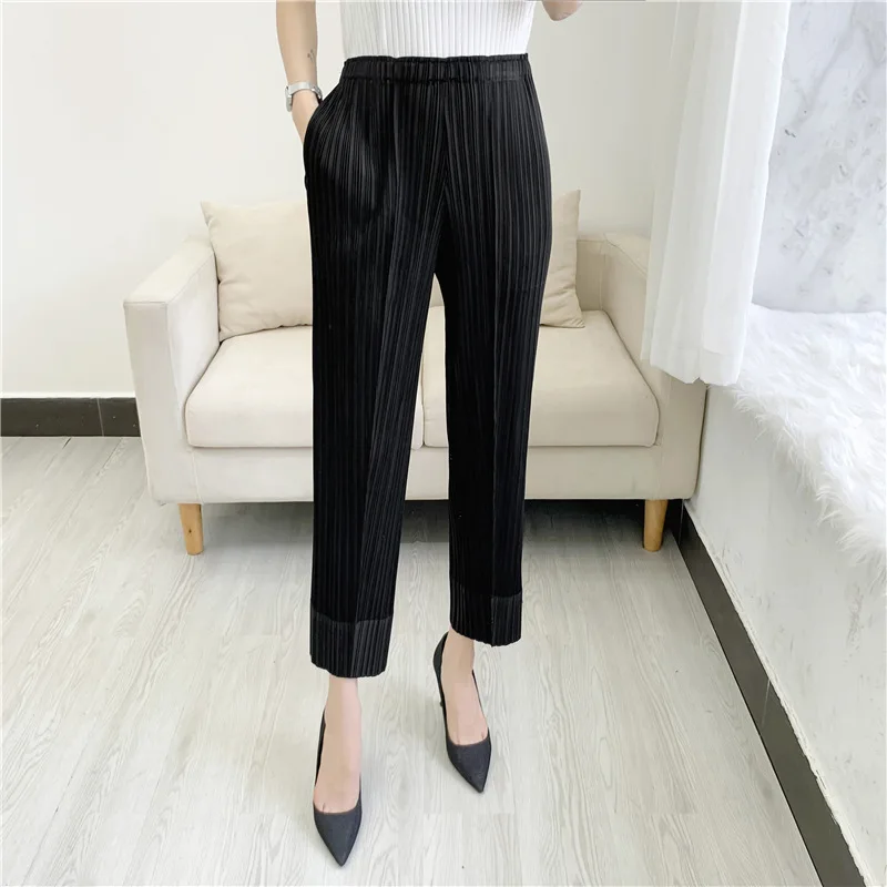 Miyake Pleated Straight Leg Pants, Women's Elastic Waist Cropped Pants, Casual and Versatile Small Leg Pants