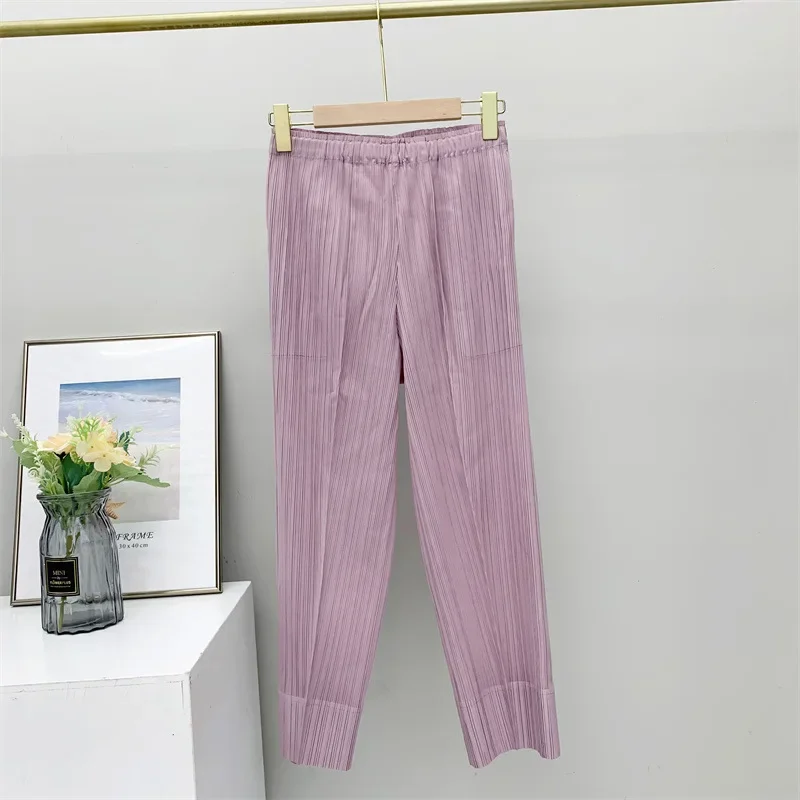 Miyake Pleated Straight Leg Pants, Women's Elastic Waist Cropped Pants, Casual and Versatile Small Leg Pants