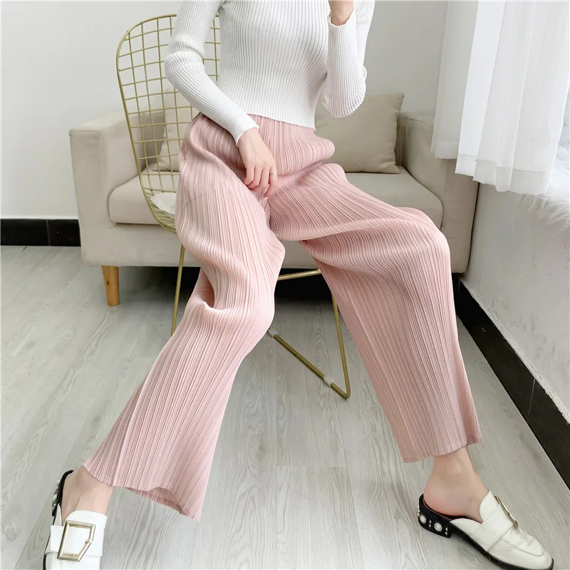 Miyake Pleated Straight Leg Pants, Women's Elastic Waist Cropped Pants, Casual and Versatile Small Leg Pants