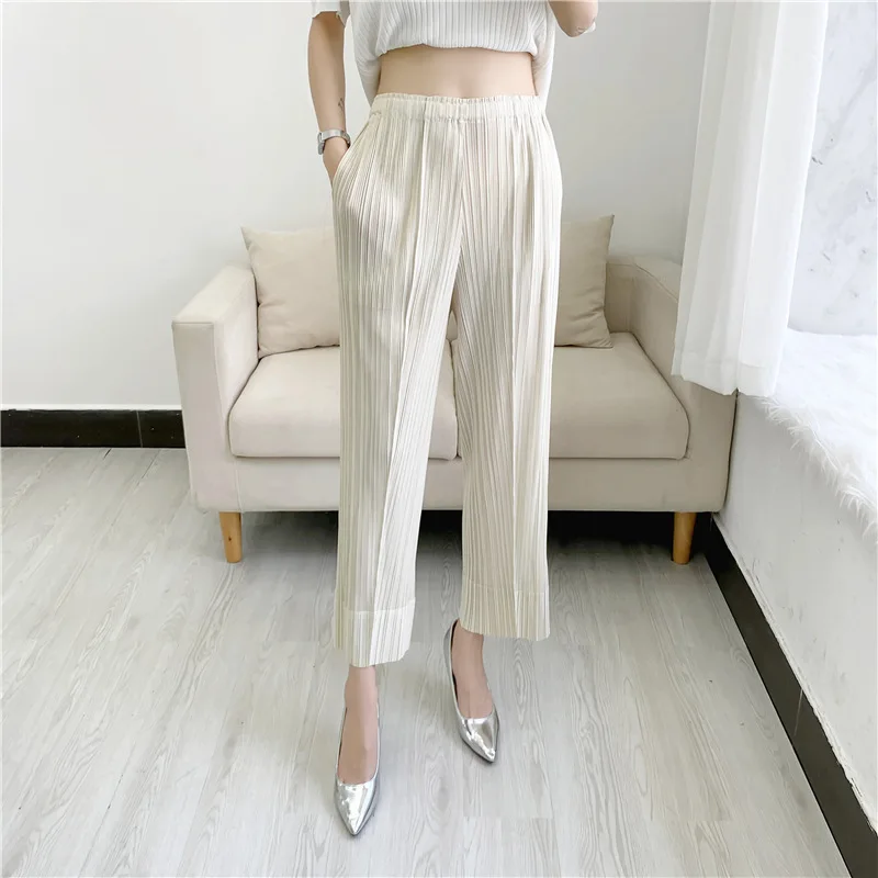 Miyake Pleated Straight Leg Pants, Women's Elastic Waist Cropped Pants, Casual and Versatile Small Leg Pants