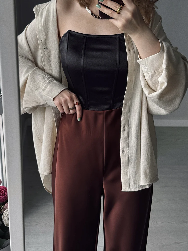 Women Straight Leg Satin Pants For Summer Elastic Waist Black Silk Trousers Luxury Office Wears For Ladies Wide Leg Pants Satin