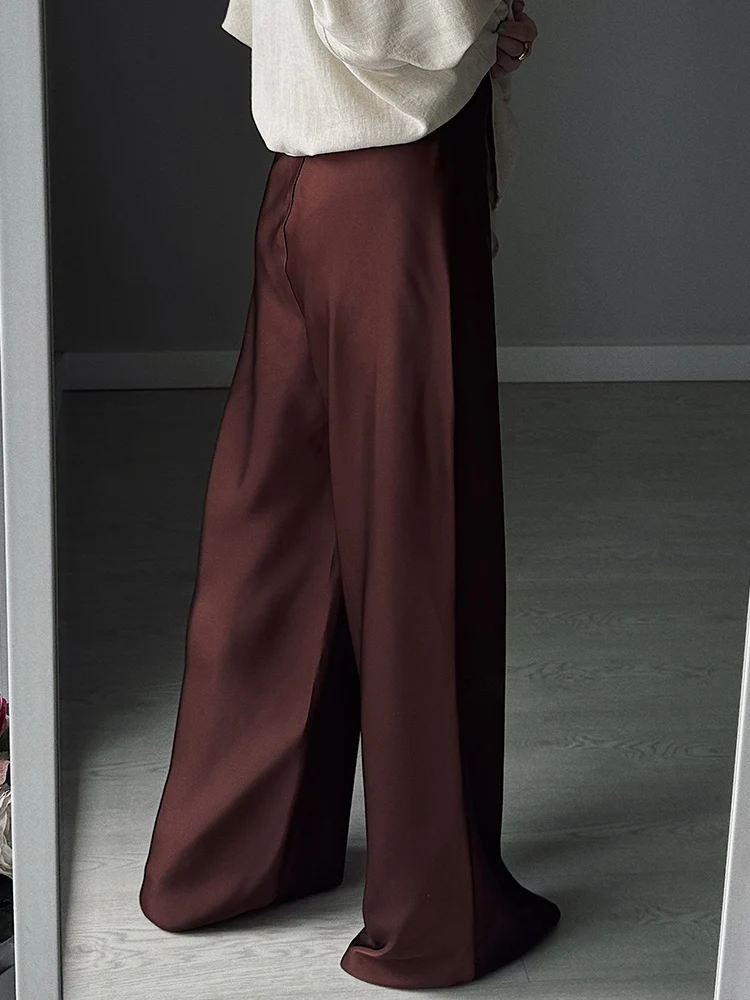 Women Straight Leg Satin Pants For Summer Elastic Waist Black Silk Trousers Luxury Office Wears For Ladies Wide Leg Pants Satin