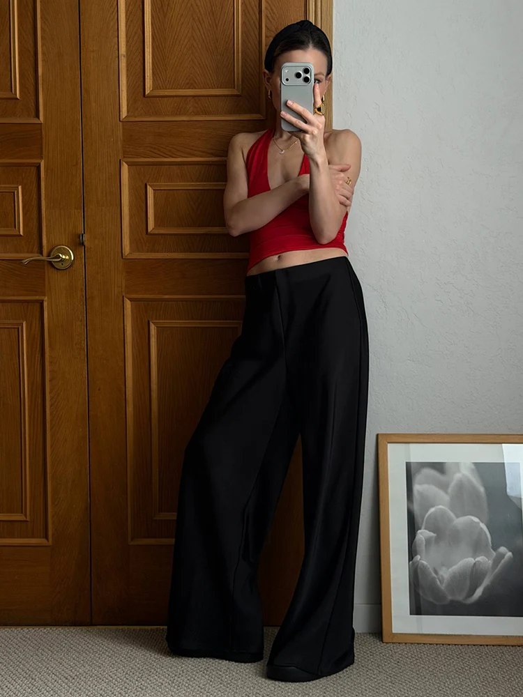 Women Straight Leg Satin Pants For Summer Elastic Waist Black Silk Trousers Luxury Office Wears For Ladies Wide Leg Pants Satin