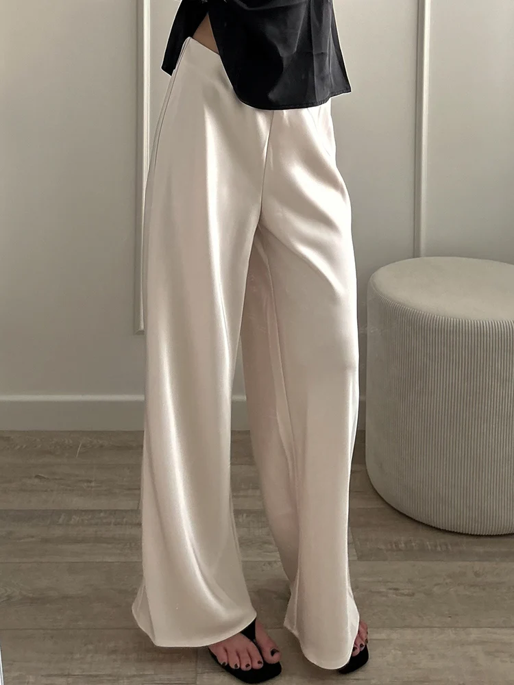 Women Straight Leg Satin Pants For Summer Elastic Waist Black Silk Trousers Luxury Office Wears For Ladies Wide Leg Pants Satin