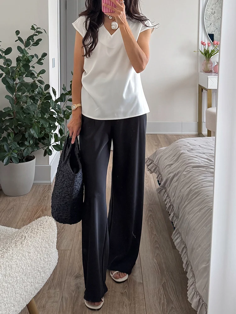 Women Straight Leg Satin Pants For Summer Elastic Waist Black Silk Trousers Luxury Office Wears For Ladies Wide Leg Pants Satin