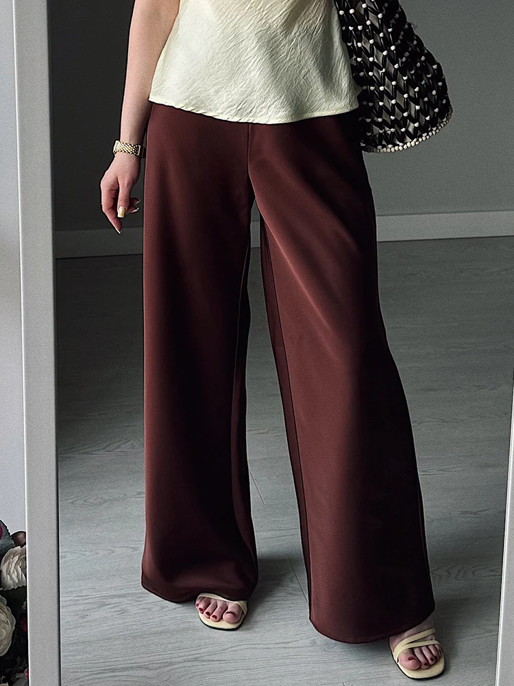 Women Straight Leg Satin Pants For Summer Elastic Waist Black Silk Trousers Luxury Office Wears For Ladies Wide Leg Pants Satin