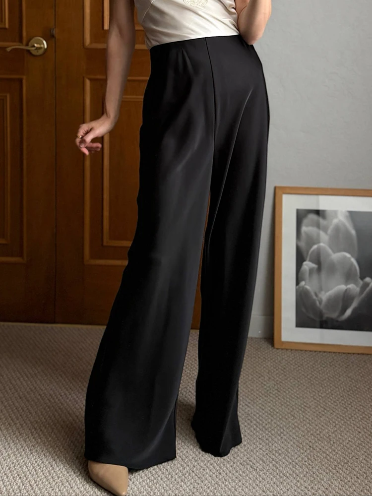 Women Straight Leg Satin Pants For Summer Elastic Waist Black Silk Trousers Luxury Office Wears For Ladies Wide Leg Pants Satin