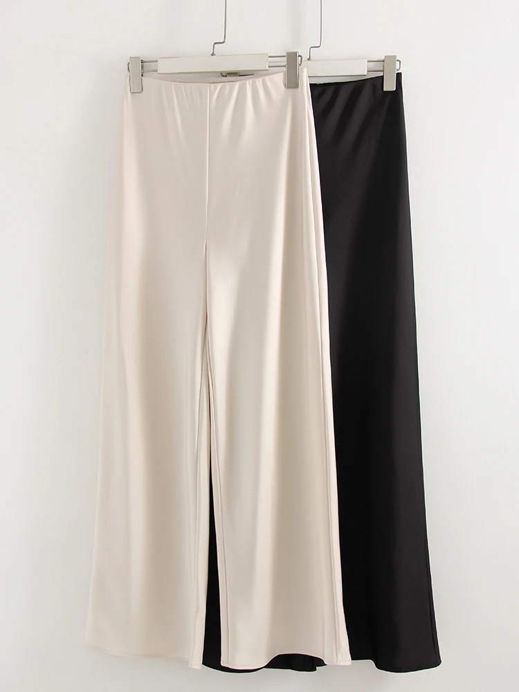 Women Straight Leg Satin Pants For Summer Elastic Waist Black Silk Trousers Luxury Office Wears For Ladies Wide Leg Pants Satin