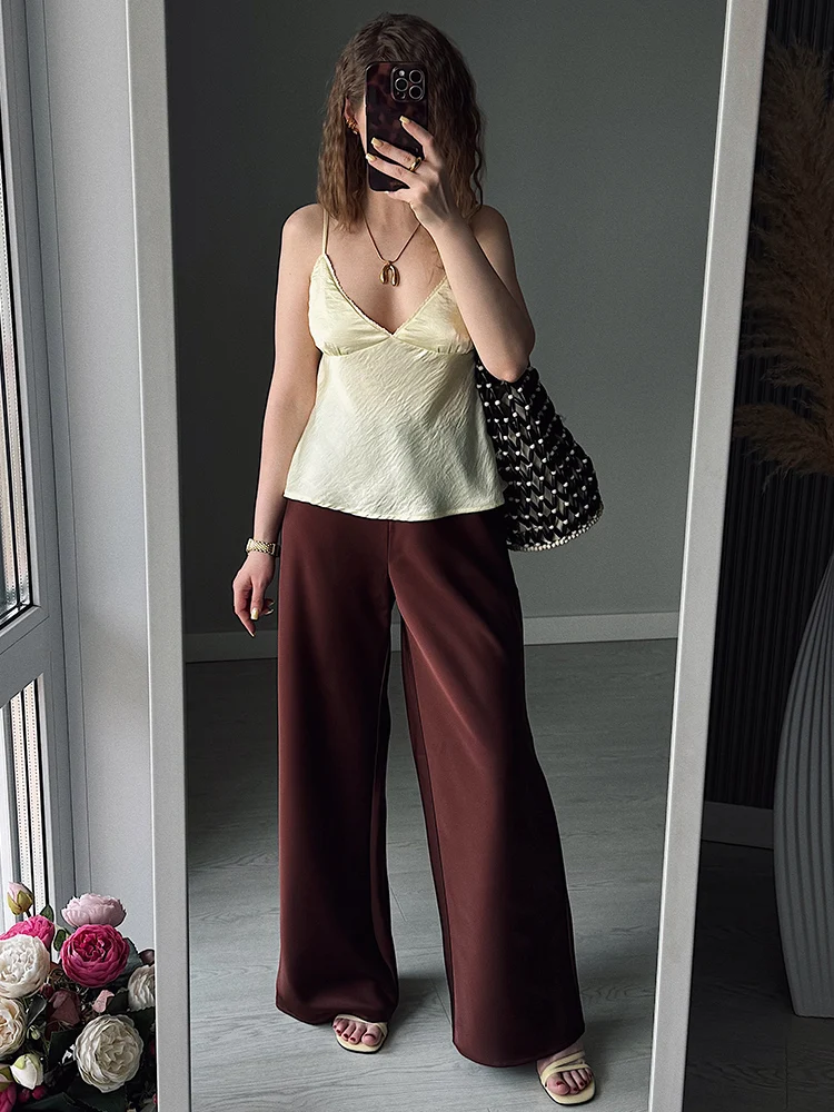 Women Straight Leg Satin Pants For Summer Elastic Waist Black Silk Trousers Luxury Office Wears For Ladies Wide Leg Pants Satin