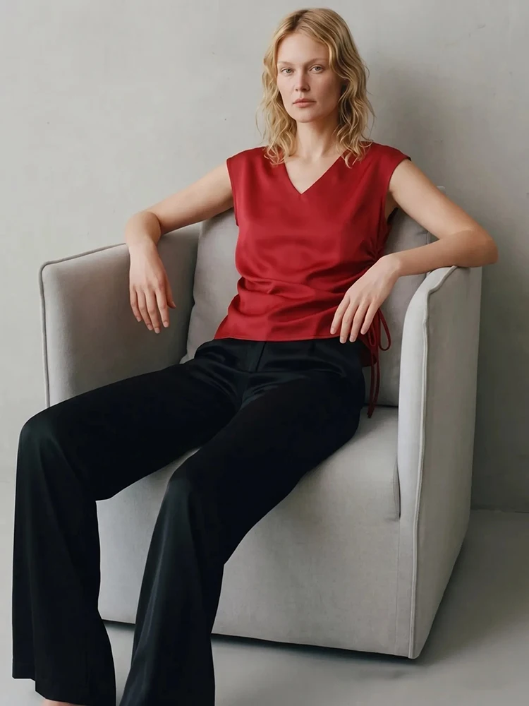 Women Straight Leg Satin Pants For Summer Elastic Waist Black Silk Trousers Luxury Office Wears For Ladies Wide Leg Pants Satin