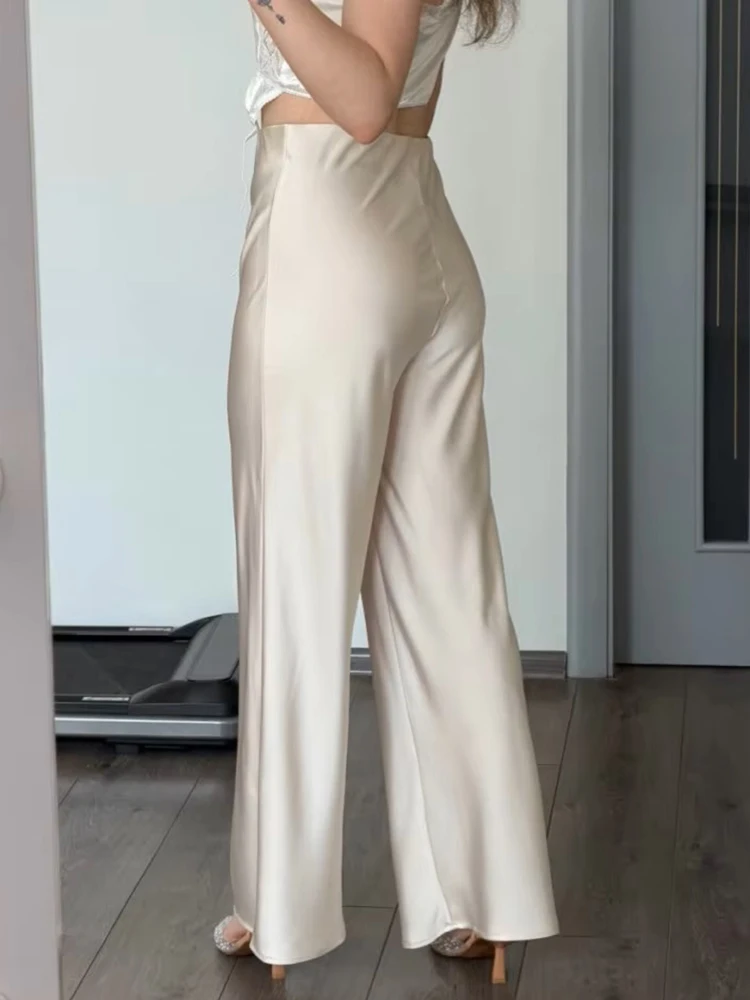 Women Straight Leg Satin Pants For Summer Elastic Waist Black Silk Trousers Luxury Office Wears For Ladies Wide Leg Pants Satin