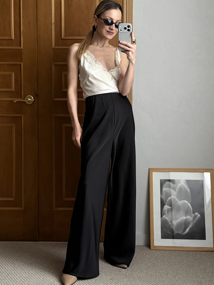 Women Straight Leg Satin Pants For Summer Elastic Waist Black Silk Trousers Luxury Office Wears For Ladies Wide Leg Pants Satin
