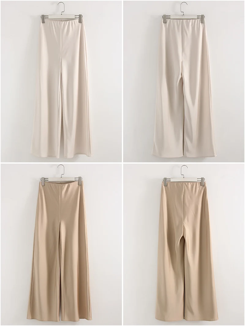 Women Straight Leg Satin Pants For Summer Elastic Waist Black Silk Trousers Luxury Office Wears For Ladies Wide Leg Pants Satin