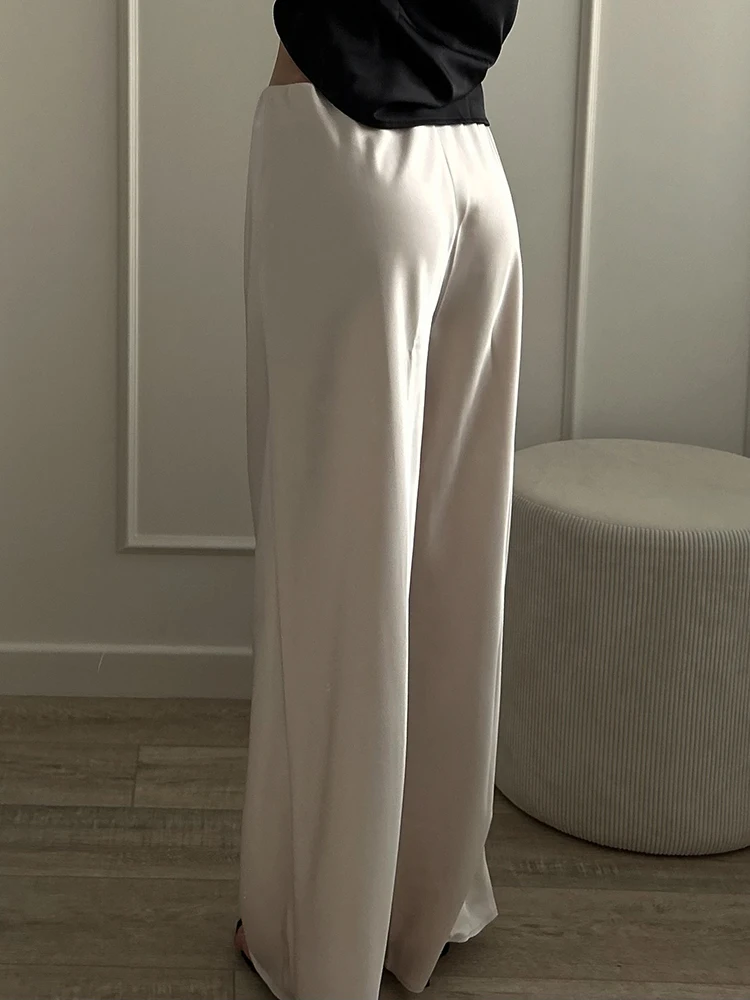 Women Straight Leg Satin Pants For Summer Elastic Waist Black Silk Trousers Luxury Office Wears For Ladies Wide Leg Pants Satin