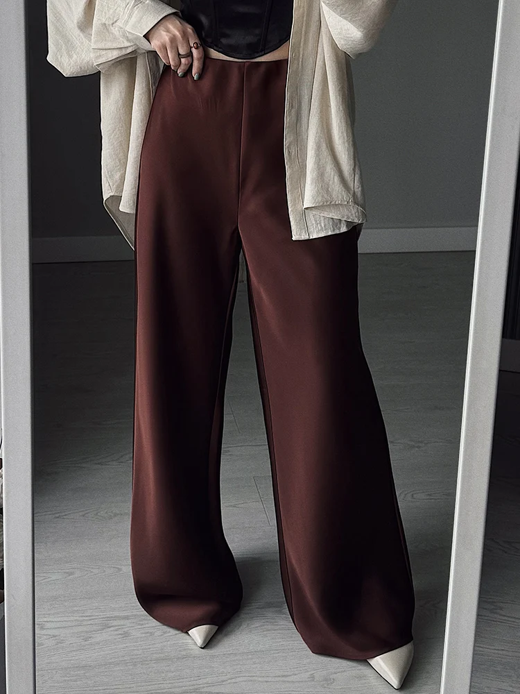 Women Straight Leg Satin Pants For Summer Elastic Waist Black Silk Trousers Luxury Office Wears For Ladies Wide Leg Pants Satin