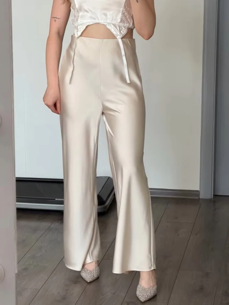 Women Straight Leg Satin Pants For Summer Elastic Waist Black Silk Trousers Luxury Office Wears For Ladies Wide Leg Pants Satin