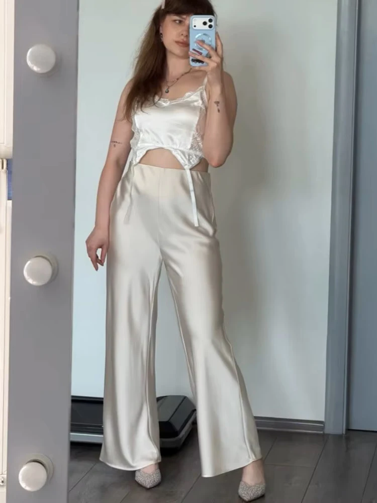 Women Straight Leg Satin Pants For Summer Elastic Waist Black Silk Trousers Luxury Office Wears For Ladies Wide Leg Pants Satin