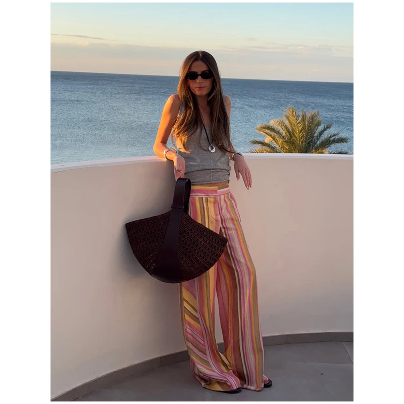 Women‘s Colorful Striped Pant New Summer Straight Multicolor Wide Leg Long Pants Casual Fashion Streetwear Female Outfit 2026