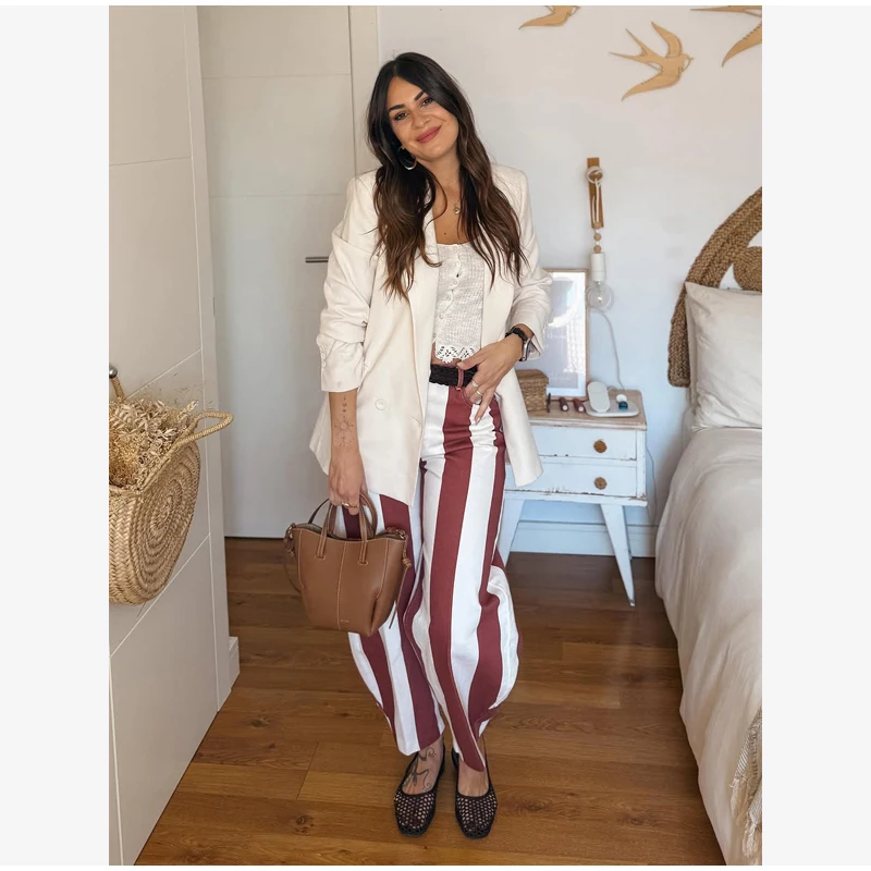 Women‘s Colorful Striped Pant New Summer Straight Multicolor Wide Leg Long Pants Casual Fashion Streetwear Female Outfit 2026