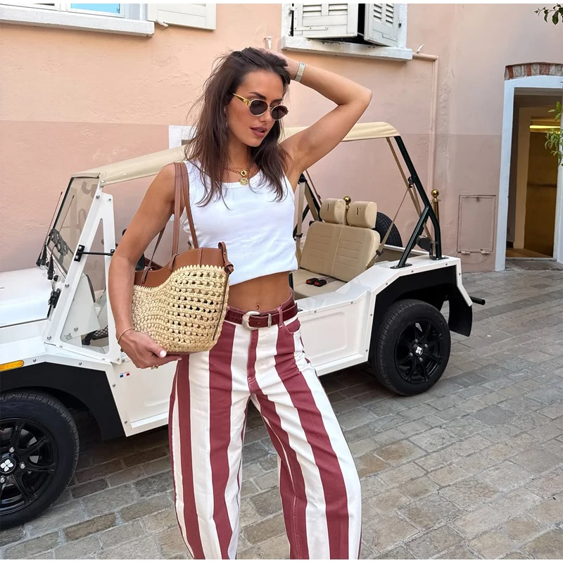 Women‘s Colorful Striped Pant New Summer Straight Multicolor Wide Leg Long Pants Casual Fashion Streetwear Female Outfit 2026