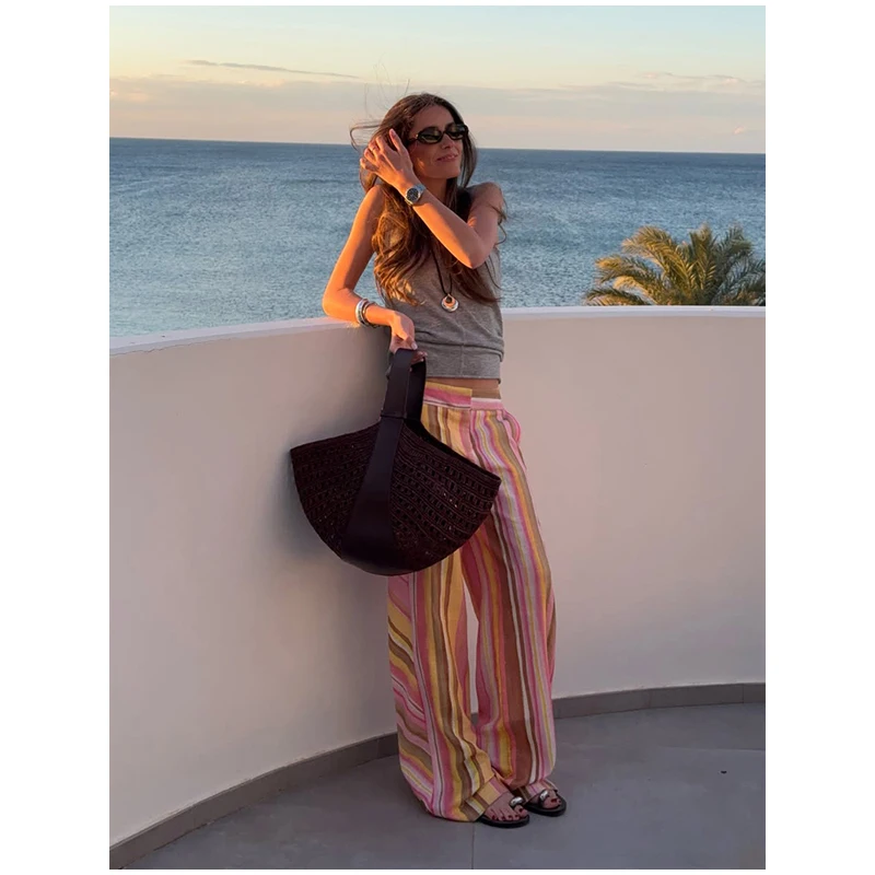 Women‘s Colorful Striped Pant New Summer Straight Multicolor Wide Leg Long Pants Casual Fashion Streetwear Female Outfit 2026