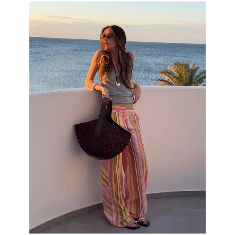 Women‘s Colorful Striped Pant New Summer Straight Multicolor Wide Leg Long Pants Casual Fashion Streetwear Female Outfit 2026