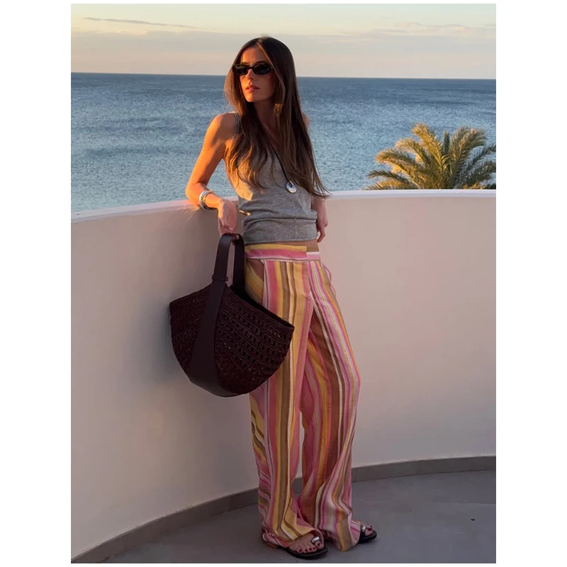 Women‘s Colorful Striped Pant New Summer Straight Multicolor Wide Leg Long Pants Casual Fashion Streetwear Female Outfit 2026
