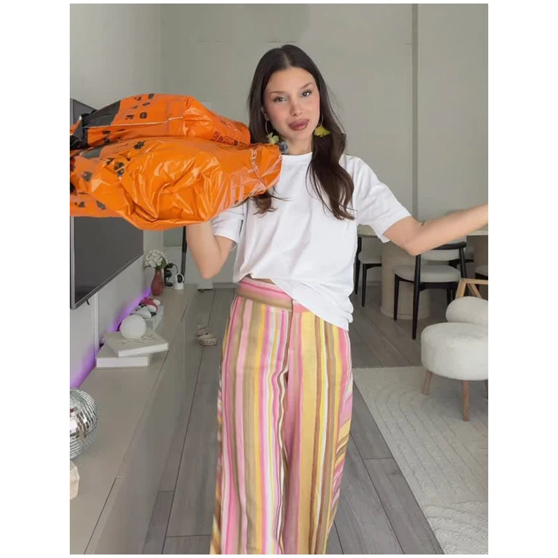 Women‘s Colorful Striped Pant New Summer Straight Multicolor Wide Leg Long Pants Casual Fashion Streetwear Female Outfit 2026