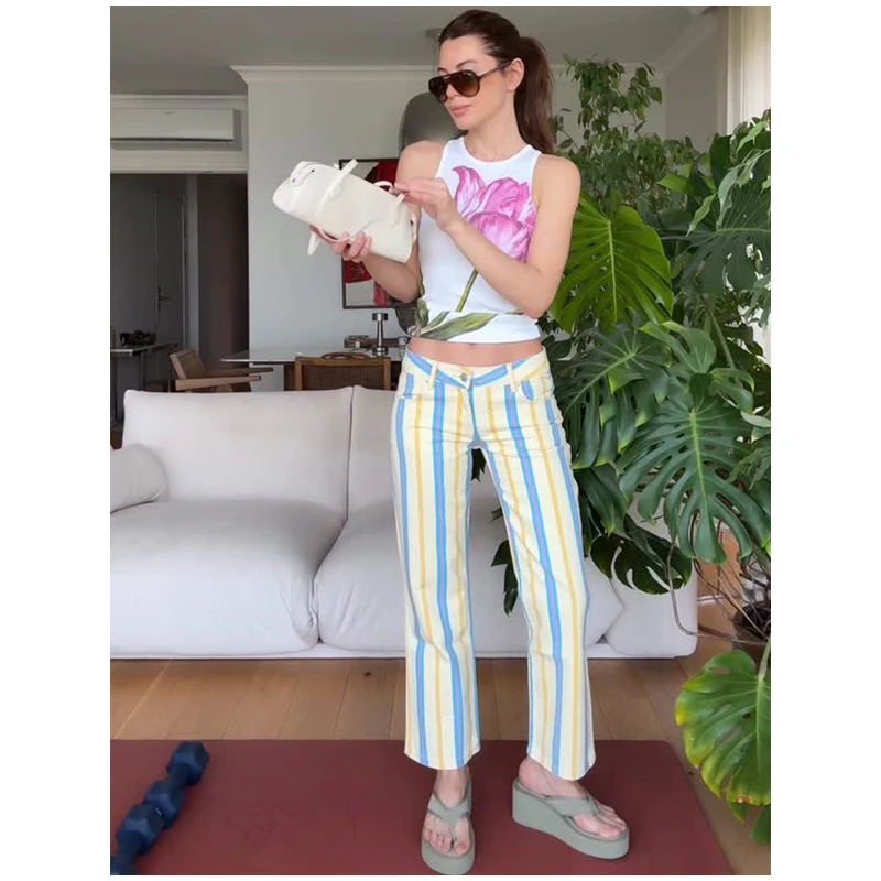 Women‘s Colorful Striped Pant New Summer Straight Multicolor Wide Leg Long Pants Casual Fashion Streetwear Female Outfit 2026