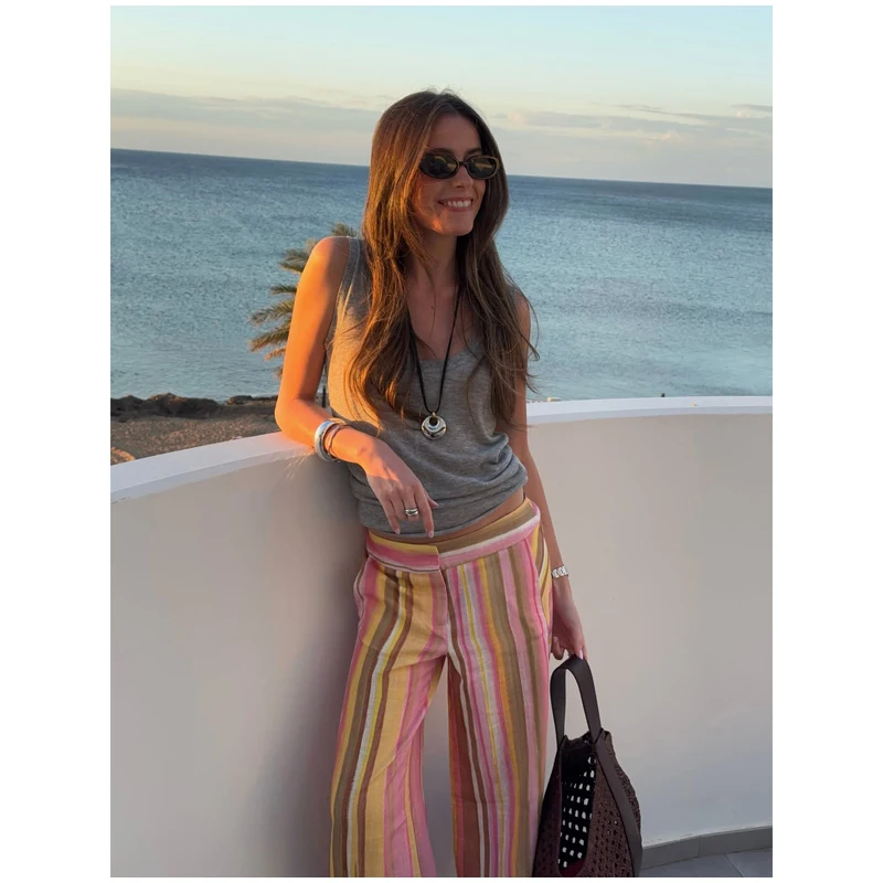 Women‘s Colorful Striped Pant New Summer Straight Multicolor Wide Leg Long Pants Casual Fashion Streetwear Female Outfit 2026