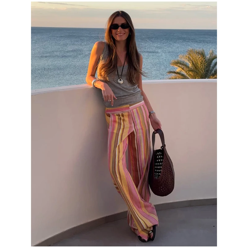 Women‘s Colorful Striped Pant New Summer Straight Multicolor Wide Leg Long Pants Casual Fashion Streetwear Female Outfit 2026