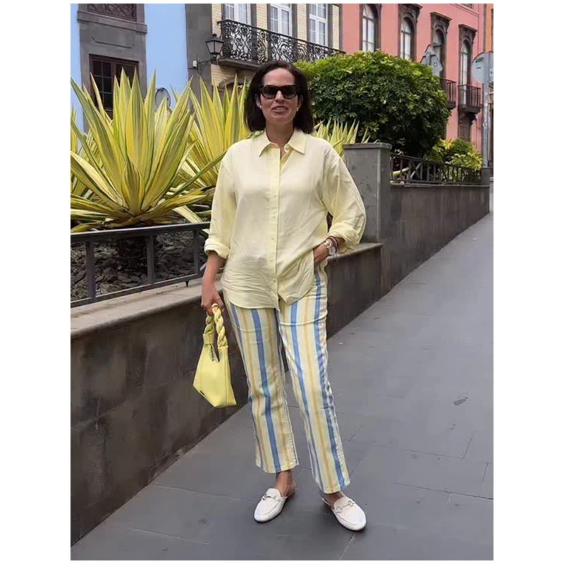 Women‘s Colorful Striped Pant New Summer Straight Multicolor Wide Leg Long Pants Casual Fashion Streetwear Female Outfit 2026