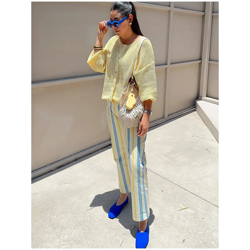 Women‘s Colorful Striped Pant New Summer Straight Multicolor Wide Leg Long Pants Casual Fashion Streetwear Female Outfit 2026