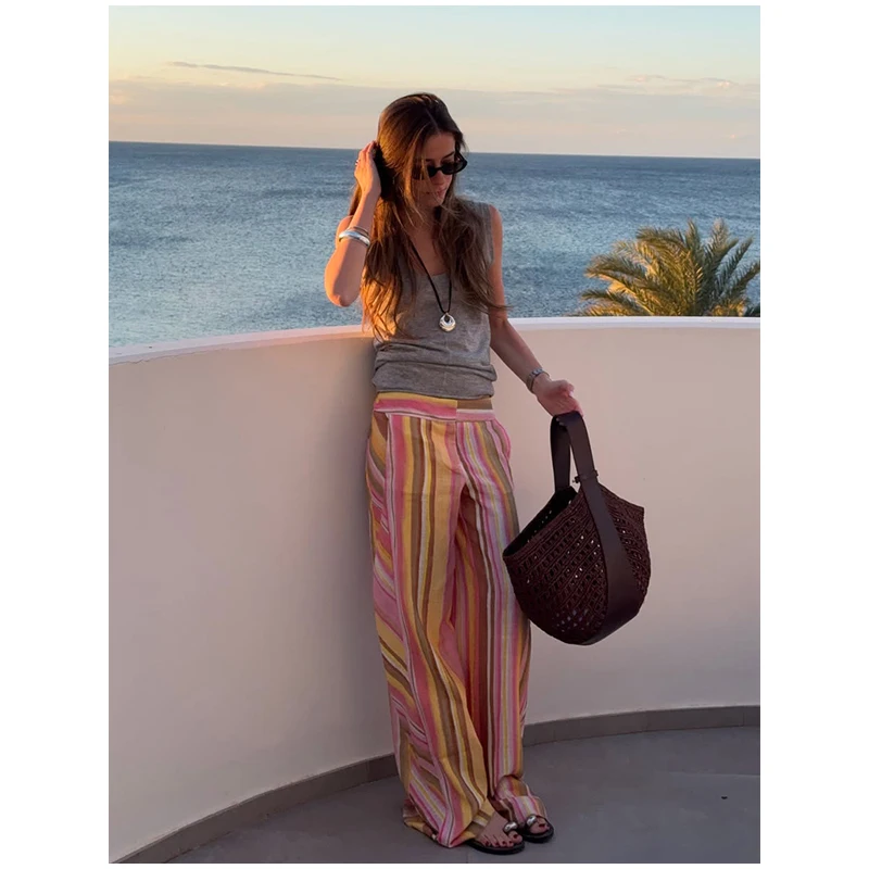 Women‘s Colorful Striped Pant New Summer Straight Multicolor Wide Leg Long Pants Casual Fashion Streetwear Female Outfit 2026