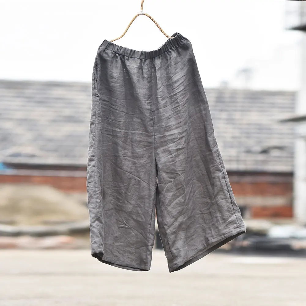 Johnature High Quality Women Ramie Wide Leg Pants Loose Elastic Waist Solid Color 2025 New Summer Casual Female Pants
