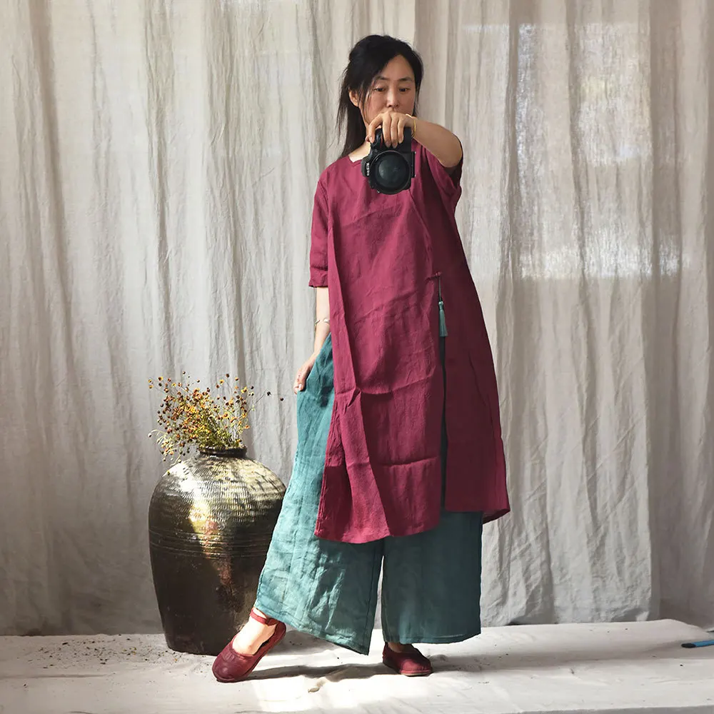 Johnature High Quality Women Ramie Wide Leg Pants Loose Elastic Waist Solid Color 2025 New Summer Casual Female Pants