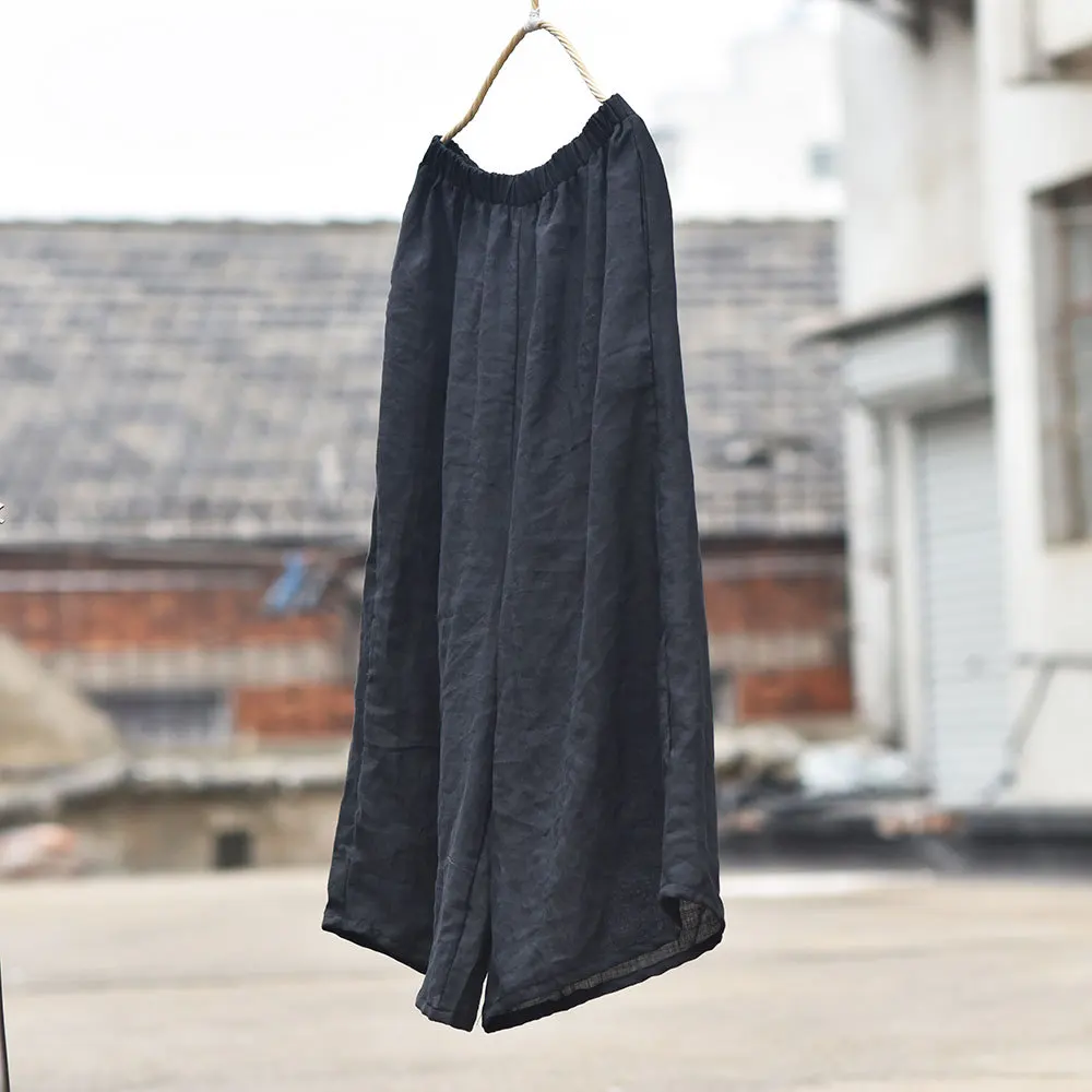 Johnature High Quality Women Ramie Wide Leg Pants Loose Elastic Waist Solid Color 2025 New Summer Casual Female Pants