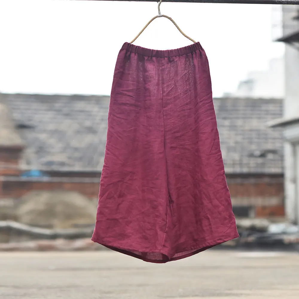 Johnature High Quality Women Ramie Wide Leg Pants Loose Elastic Waist Solid Color 2025 New Summer Casual Female Pants