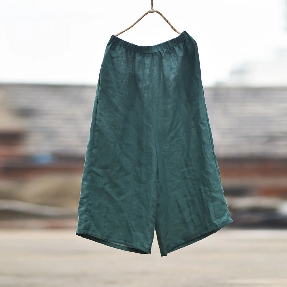Johnature High Quality Women Ramie Wide Leg Pants Loose Elastic Waist Solid Color 2025 New Summer Casual Female Pants